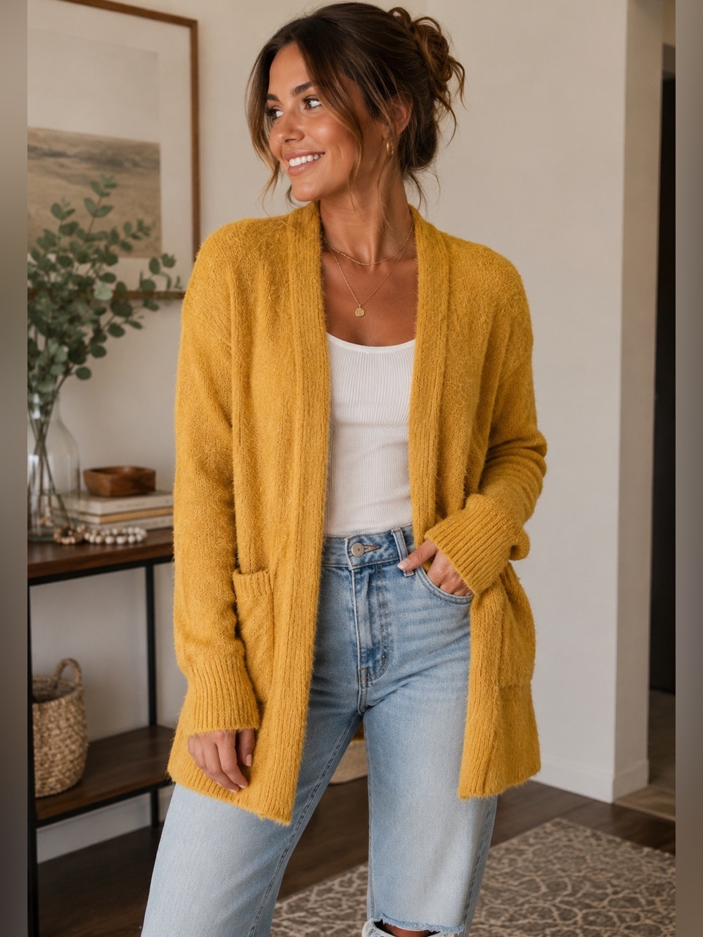 89th + Madison Mustard Yellow Open Front Fuzzy Knit Cardigan Sweater Size L